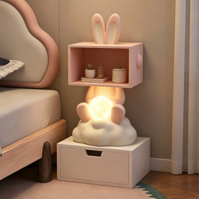 Cute Rabbit-Shaped Kids Bedside Table with Integrated Lamp & Storage Shelf, Pink Cartoon Nightstand with Drawer & Moon Night Light for Bedroom