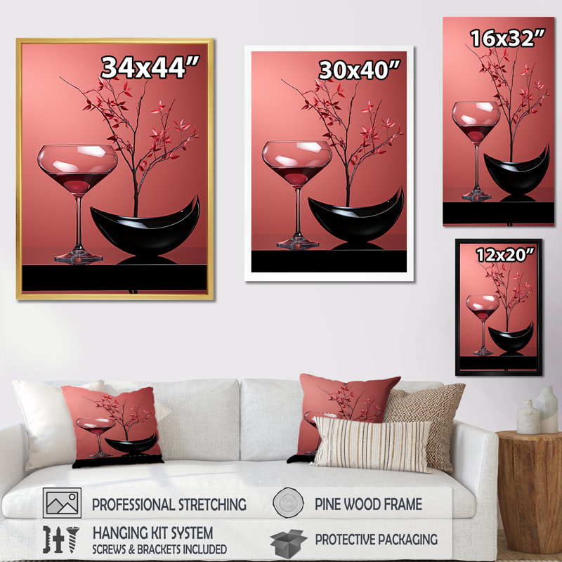 Magenta, vin mystérieux et fleurs - impression, Cadre simple noir, H 40 po x l 30 po x P 1,5 po