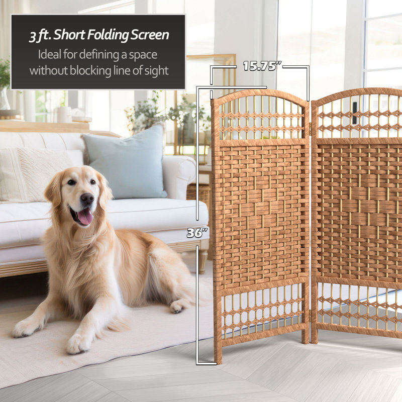 Short Fiber Weave Folding Screen, 4, Natural, 35.5"H