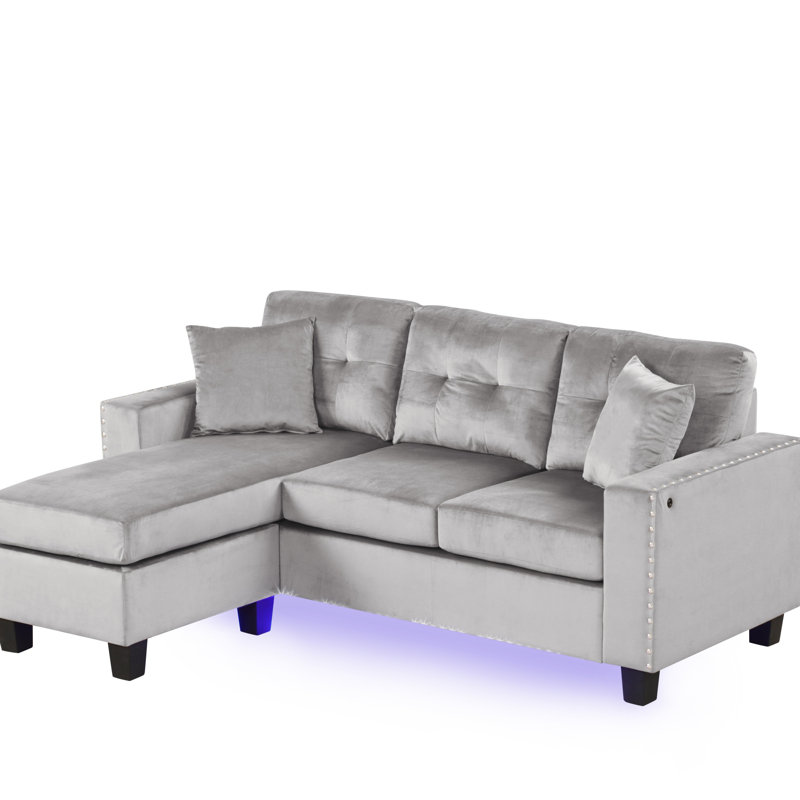 74"W Gray Velvet Reversible Sectional Sofa Chaise With LED Light, USB Port, Nailhead Trim, Throw Pillows, Tufted Cushion