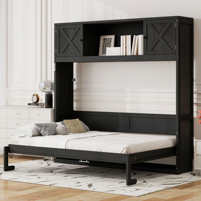 Queen Size Murphy Bed with Storage Cabinets, Space-Saving Wall Bed, Rustic Wooden Folding Bed, Black