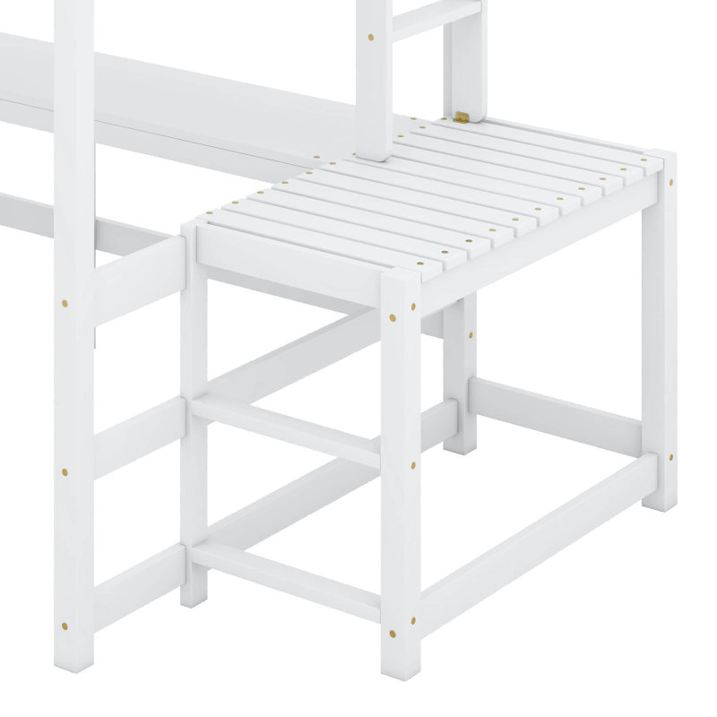 Lit double en bois robuste avec bureau intégré, Blanc