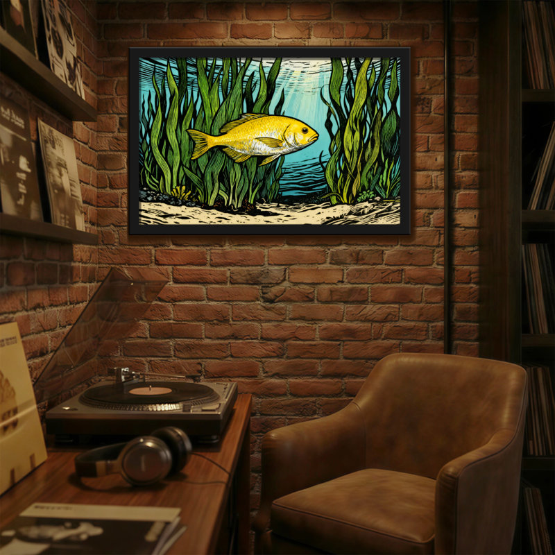 Animals Yellow Fish Swims Among Green Seaweed Underwater Scene, 12" H x 18" W