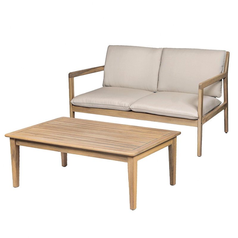 Outdoor Acacia Wood Loveseat with Coffee Table, Light Teak Frame, Beige Cushion