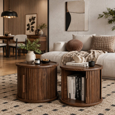 2-Piece Round Coffee Table Set with Sliding Door Storage and Fluted Roman Column Design