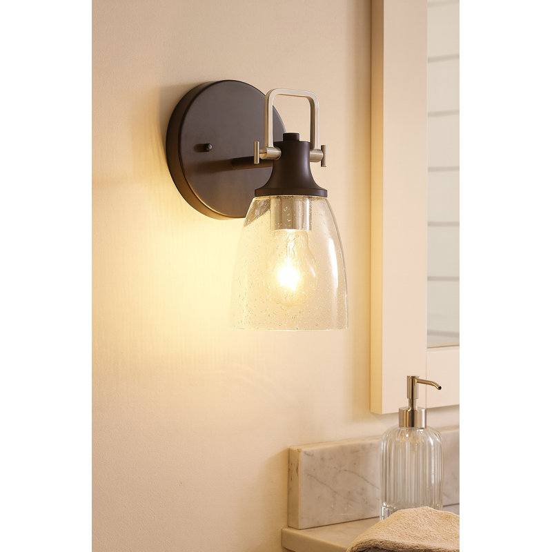 Easton Single Light Bath Vanity Fixture w/ Clear Seedy Glass Shade, Chrome/Black