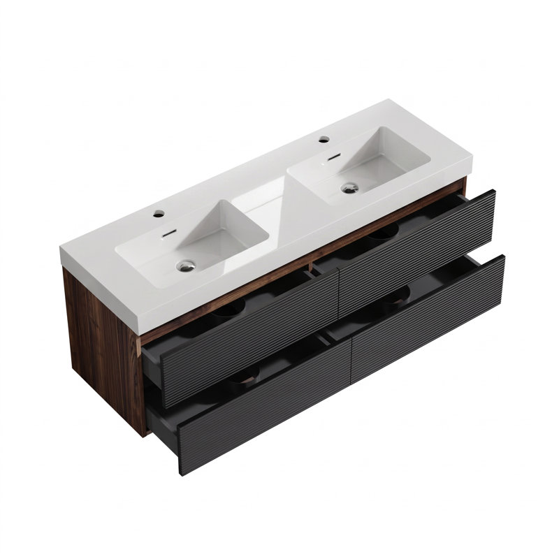 Meuble-lavabo 60 po en noyer avec 2 lavabos à surface solide blanc brillant et 4 tiroirs noirs doux, meuble-lavabo mural flottant pour salle de bain moderne, sans drain ni robinet, pré-assemblé