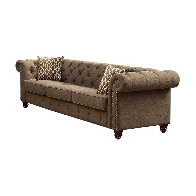 Canapé Chesterfield en lin à accoudoirs roulés 89,5 po Gerson, Lin brun