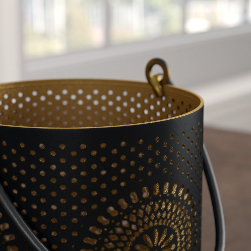 Set of 3 Decorative Floral Cut-Out Pillar Candle Lanterns 12.5", Matte Black/Gold