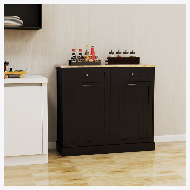 Armoire poubelle de cuisine à deux tiroirs et deux compartiments, Noir
