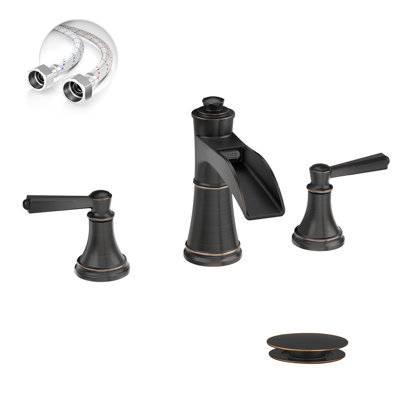 Waterfall 8 In. Widespread Double-Handle Bathroom Faucet Set 3-Holes Vanity Sink With Metal Drain