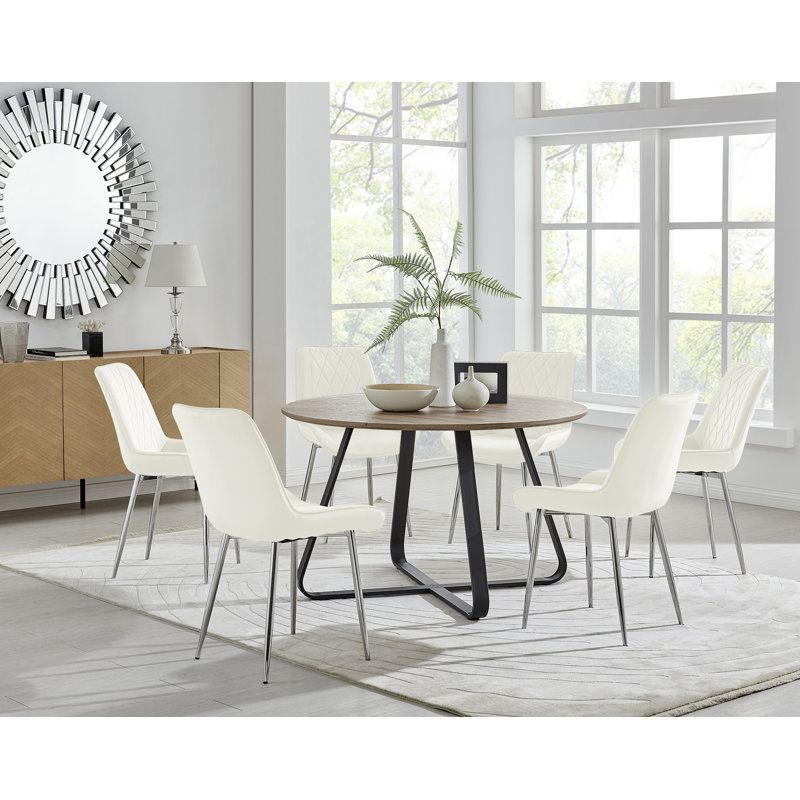 Sandy Classic Wood Effect & Metal Dining Table Set with 6 Luxury Velvet Dining Chairs, Cream/Silver