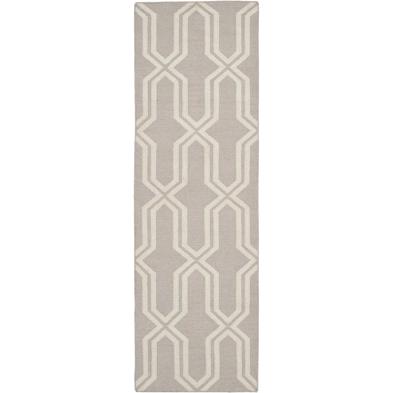Rodgers Hand Woven Flat Weave Wool/Cotton Geometric Rug in Gray/Ivory, Runner 2'6" x 6'