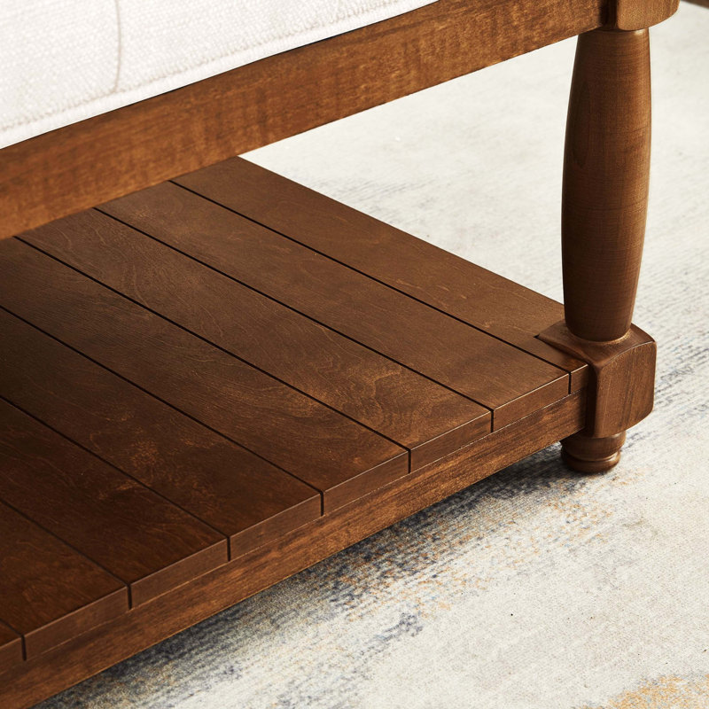 Grand repose-pieds carré capitonné ivoire en lin capitonné, équipé d'une tablette inférieure en bois massif et d'une grande table basse avec repose-pieds