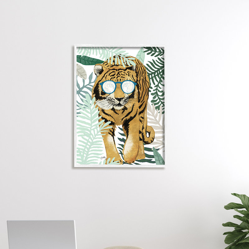 Funny Tiger Wearing Glasses Green Fern Leaf Plants Framed Wall Art