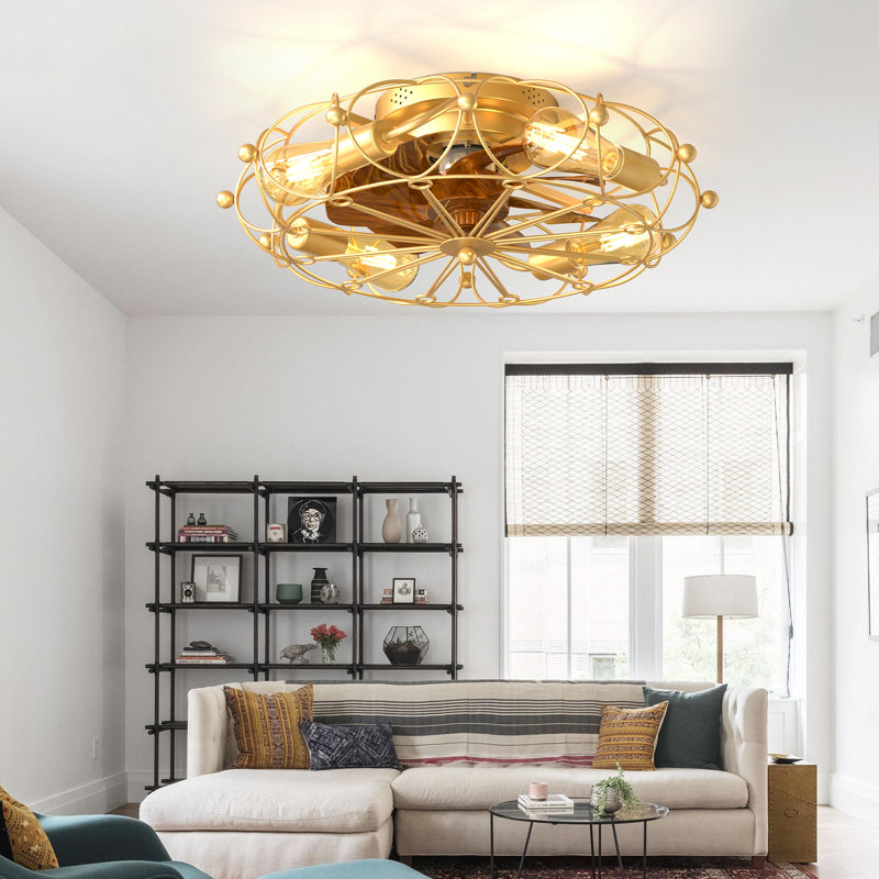 20" Low Profile Caged Flush Mount Ceiling Fan With Light And Remote Control, 6-Speed Reversible, Gold