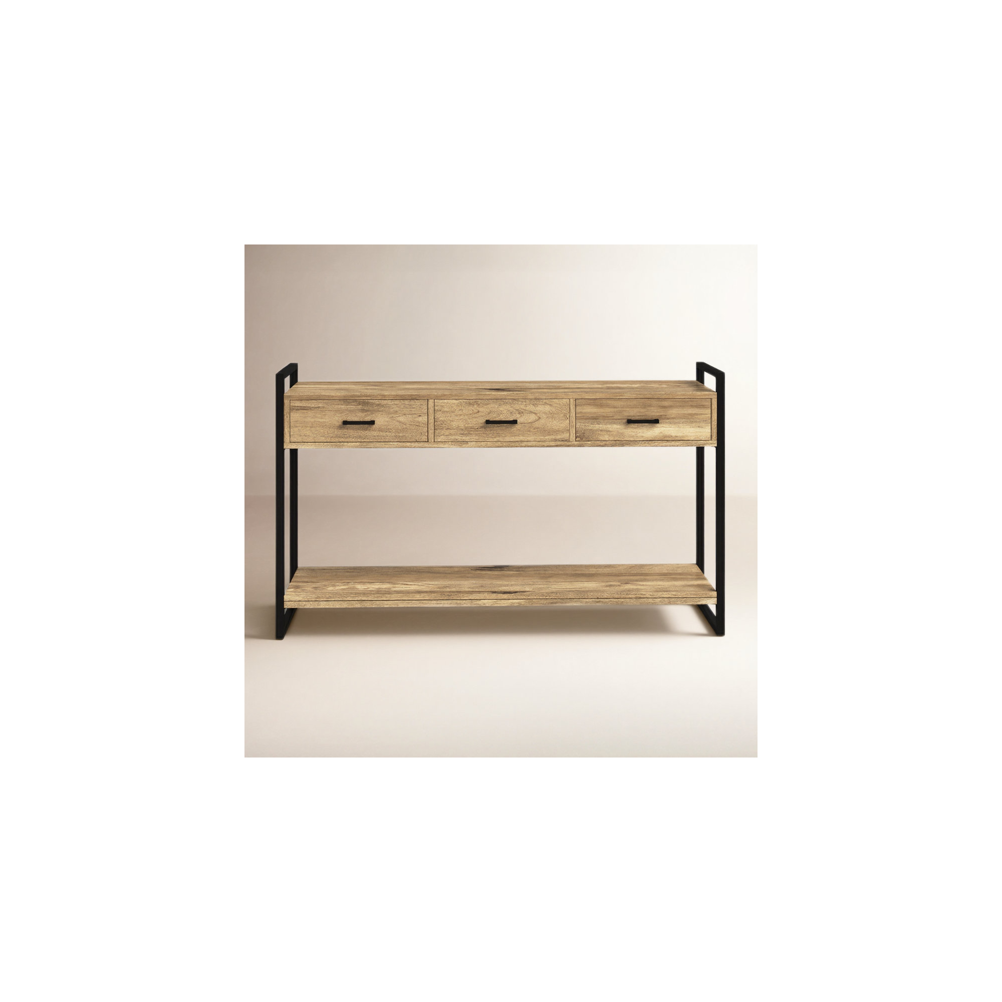 Riverside 54"W Solid Mango Wood Modern Industrial Sofa Table with 3 Drawers, Open Shelf and Metal Frame