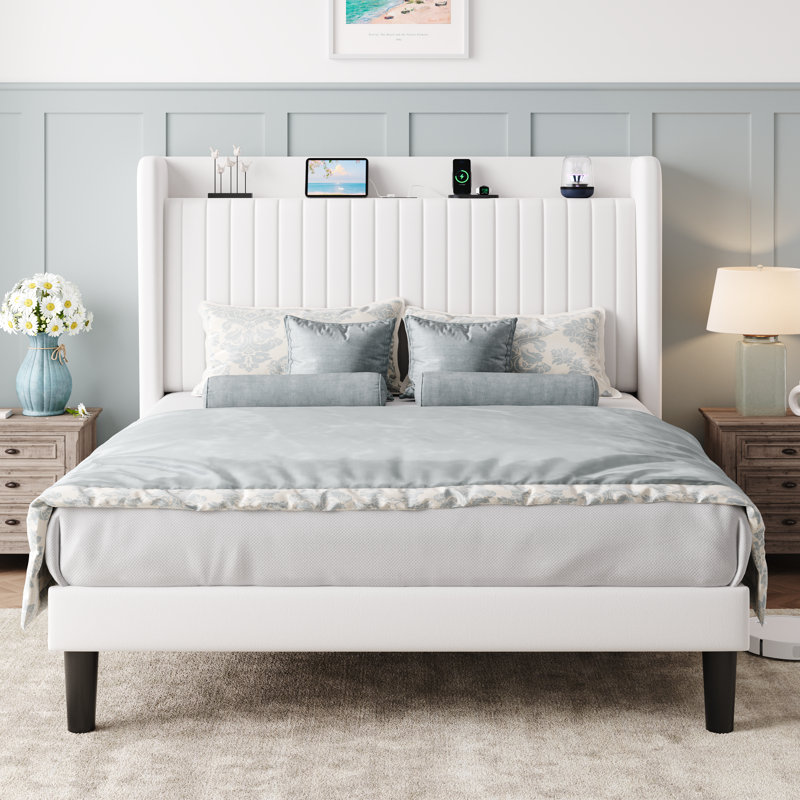 Chic Velvet Upholstered Platform Bed With Storage Shelf And Charging Station Wingback Headboard, Wooden Slats, White, Queen