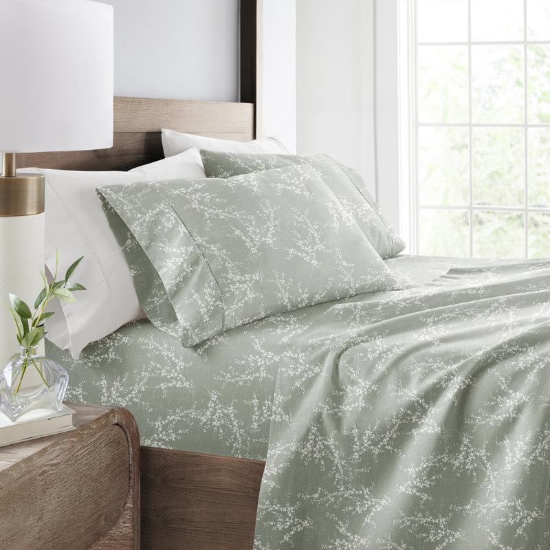 Sheet Set Patterned Microfiber Ultra Soft Bedding, Green Mist Floral, Cal.King Sheet Set with 2 King Pillowcase