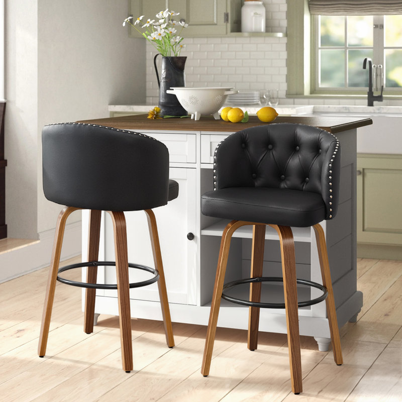  Tabouret de comptoir pivotant en similicuir noir de 28,2 po avec structure en bois massif, Noir