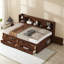 Lit capitaine double en bois brun rustique pleine grandeur avec tablettes de rangement intégrées, 4 tiroirs et 2 armoires, combinant rangement pratique et style rétro.