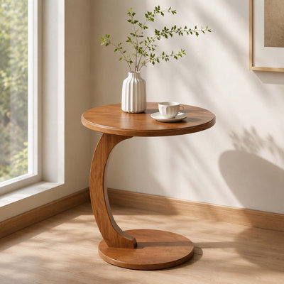 Vintage C-Shape Round End Table, Walnut Wood Veneer MDF Curved Side Table for Sofa & Bedroom