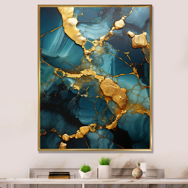 Or et vert topaze agate granit II - impression d'art abstrait mural, Cadre flottant doré, H 32 po x l 24 po