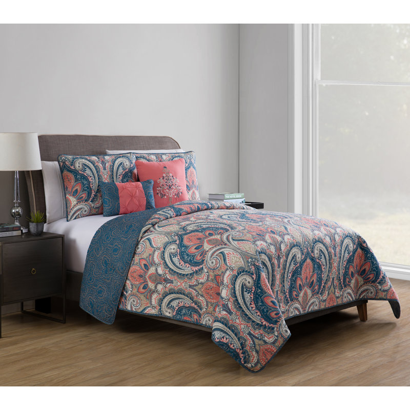 Casablanca Bohemian Standard Damask Quilt, Full/DoubleQuilt+2 Standard Sham+2 Throw Pillow, Coral Navy Blue Gray