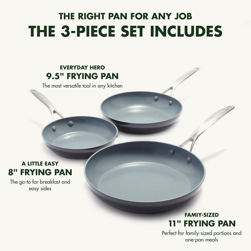 GreenPan Valencia Pro Healthy Ceramic Nonstick 8" 9.5" and 11" Frying Pan Skillet Set, Gray