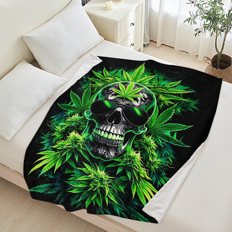 Couverture en flanelle pour lit simple JYK Halloween, Marijuana Skull Sunglasses