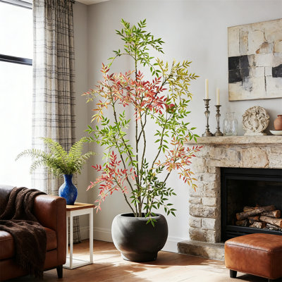 7.2FT Faux Bamboo Tree With 800+ Leaves & Cement Planter, Realistic Artificial Nandina For Home Office Decor