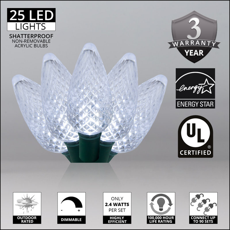 C9 LED Christmas String Light, 25, 17' L, Cool White