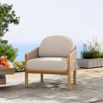 Fauteuil club d'extérieur en bois avec corde beige et coussin, charme rustique naturel, support réglable, finition, P 31,22 po, l 29,69 po, H 33,03 po, 32,6 lb, assemblage requis avec accoudoirs, haute qualité