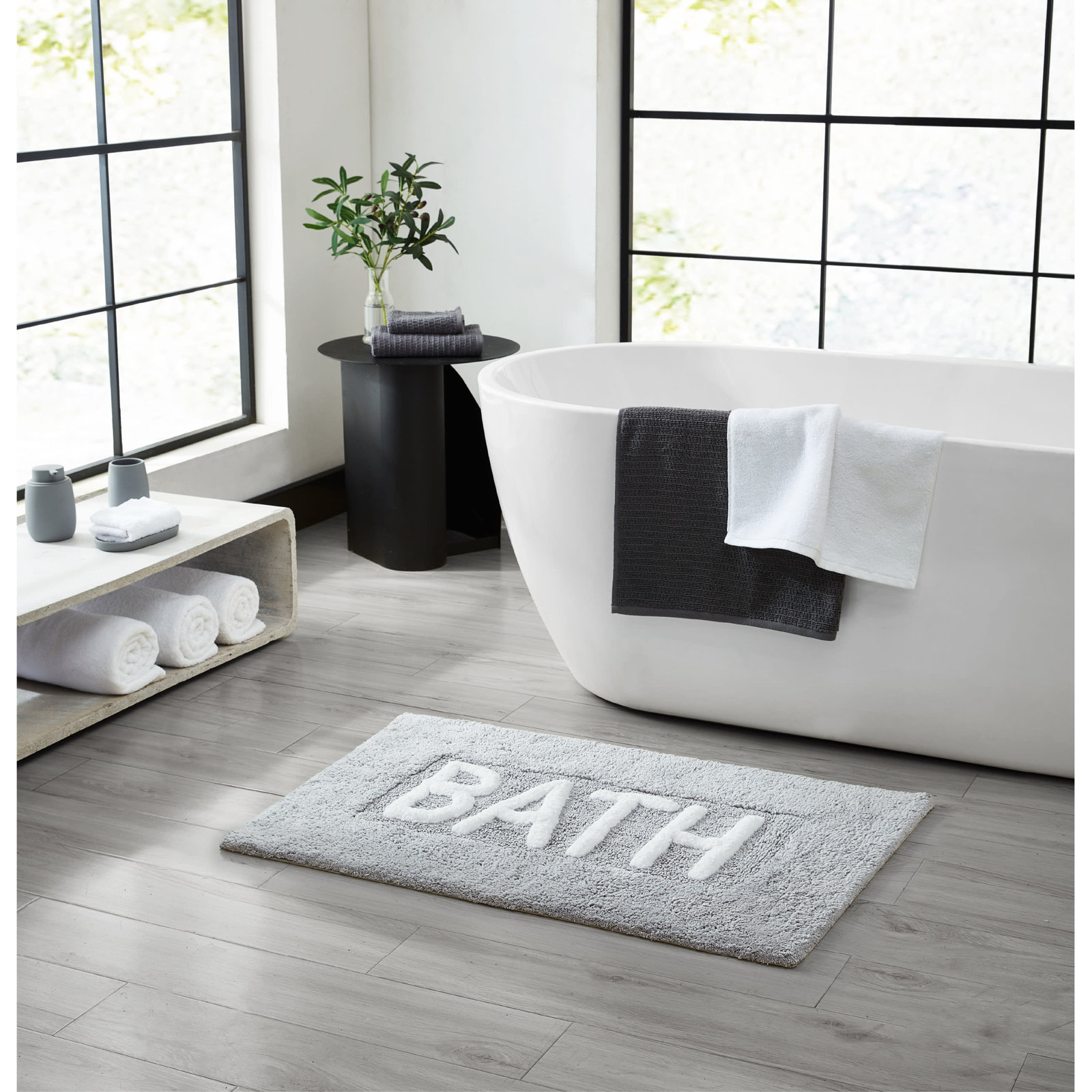 Cotton Blend Bath Rug, Light Gray