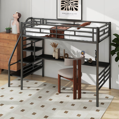 Metal Loft Bed Frame With Desk, Twin