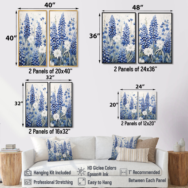 Blue Bonnets Tranquility I - Floral Blue Bonnets, art mural 2 panneaux, H 20 po x l 24 po, Impression encadrée flottante