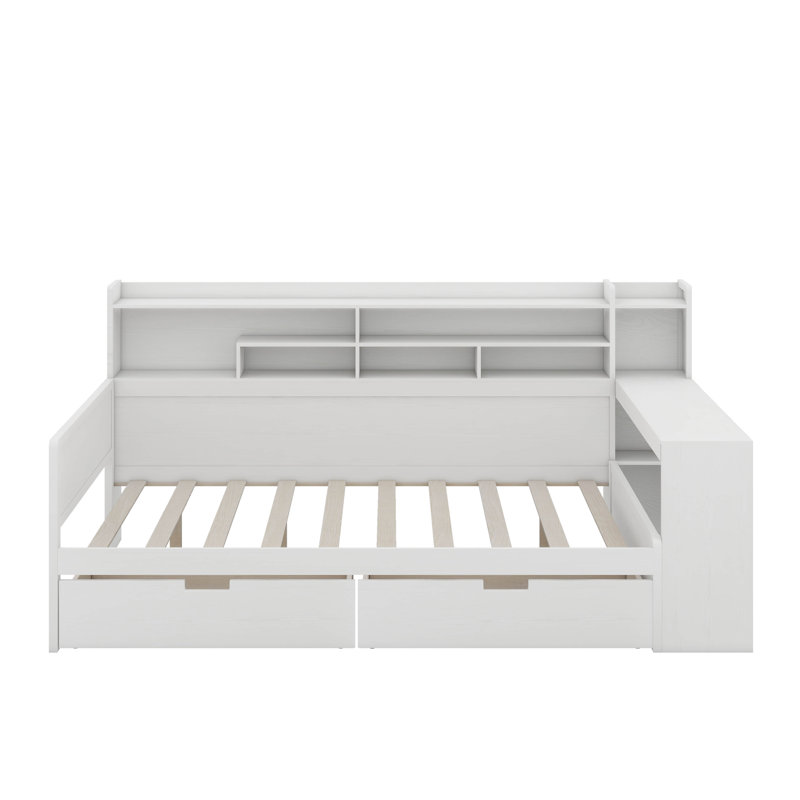 Wooden Full Size Daybed With Storage Shelves, Multi-Functional Bed With 2 Storage Drawers And Study Desk, Antique White