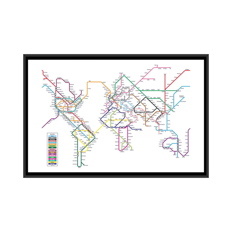 «World Metro Tube Map» par Michael Tompsett, impression sur toile, H 18 po x l 26 po x P 1,5 po, Toile avec cadre noir