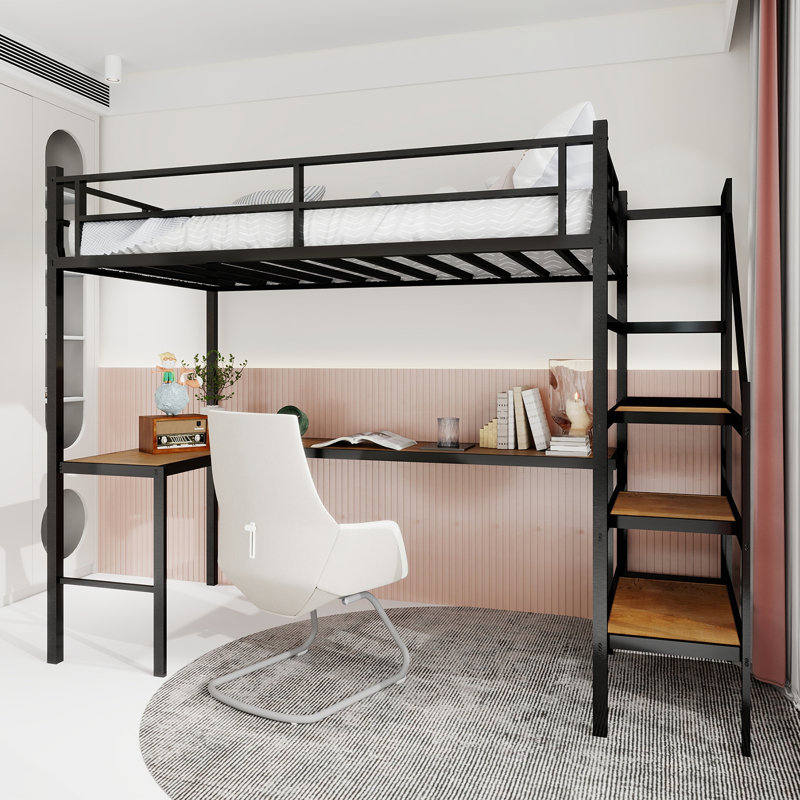 Lit mezzanine avec bureau en L, rangement et caractéristiques de sécurité, Noir