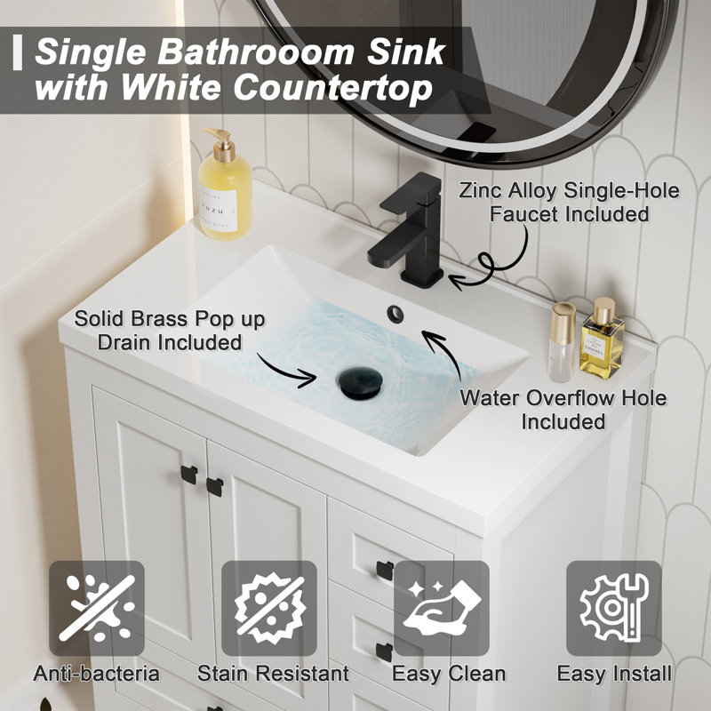 Ensemble de meuble-lavabo moderne simple 30 "avec lavabo, robinet et peinture écologique Wimer Sharee, Blanc