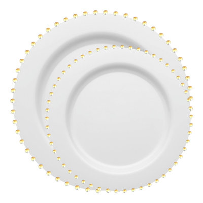 White with Gold Pearl String Round Disposable Plastic Dinnerware Value Set - 120 Sets