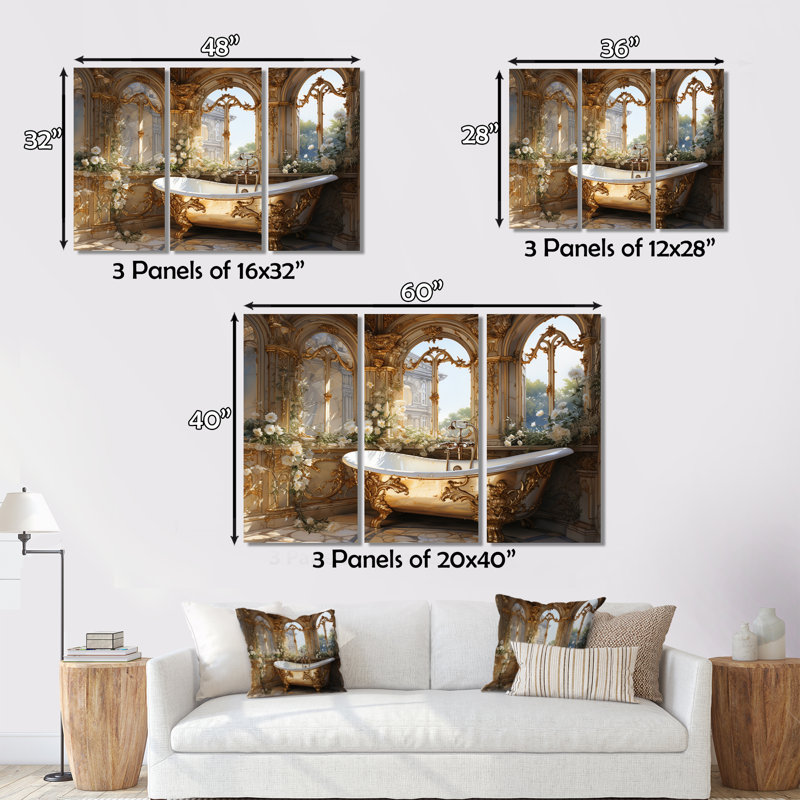 «Bathroom Golden Luxe III», reproduction sur toile 3 pièces, H 32 po x l 48 po x P 1 po