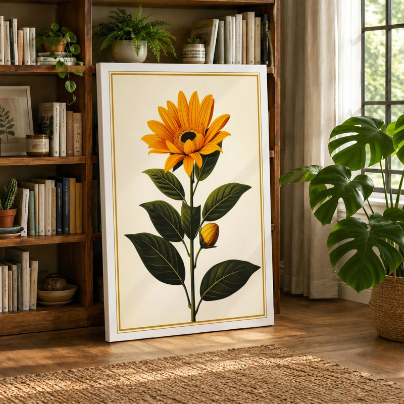Single Sunflower Study Botanical - Wrapped Canvas, 18x12 - 45.7 x 30.5 cm, Ochre Border