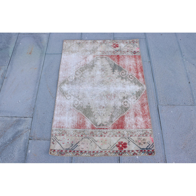 Vintage Turkish Anatolian Hand-Knotted Rug - Small Bohemian Bath Mat in Faded Red for Entryway