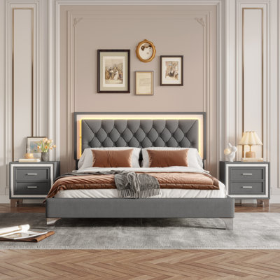 Philip Velvet Upholstered Platform Bed with LED Lights & 2 Nightstands by Mercer41