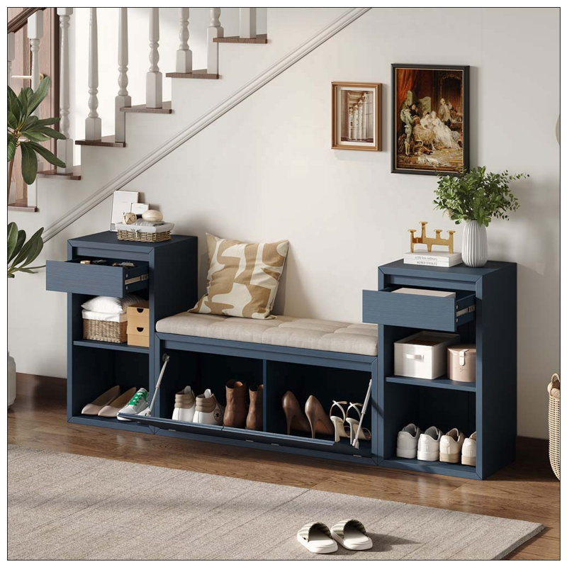 Banc de rangement tout-en-un avec coussin, compartiments, tiroirs et tablettes ouvertes, banc de rangement, Antique Navy