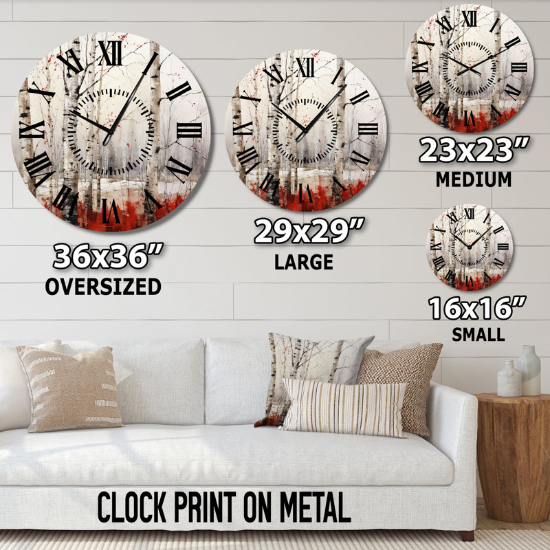 Horloge murale en bois de bouleau blanc et rouge en hiver II, Grand