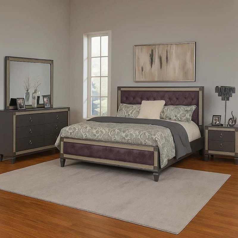Ensemble de chambre avec grand lit 4 pièces Laine, tête de lit tapissier grise et bordure en cristal