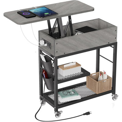 Lift-Top End Table With Charging Station, USB Ports, Lockable Wheels, And Ample Storage For Living Room, Bedroom, Or Study