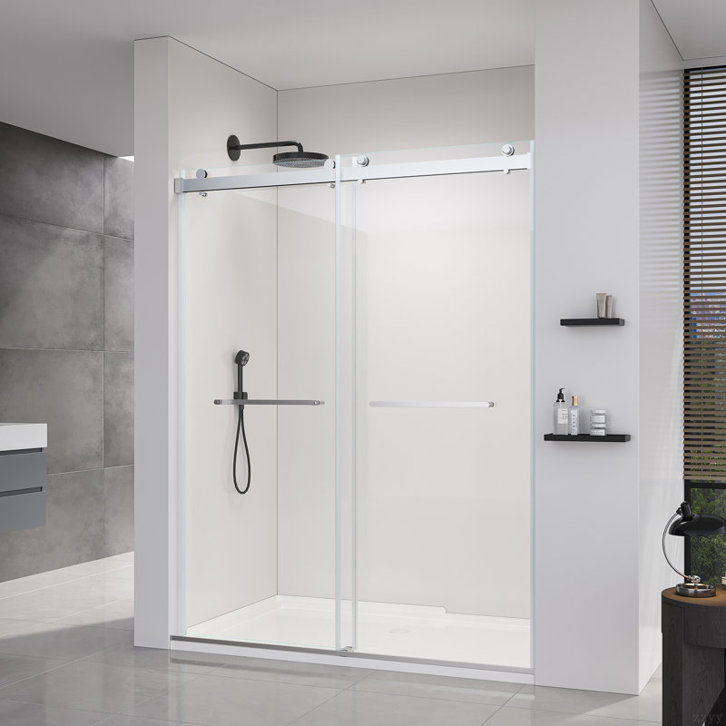 56-60 * 76 pouces porte de douche coulissante double sans cadre à fermeture en douceur avec verre trempé de qualité supérieure (8 mm) et revêtement facile à nettoyer
